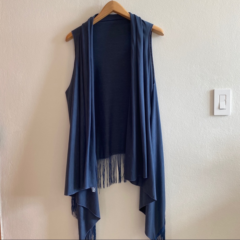 Vintage Sleeveless Blue Cardigan with Fringe